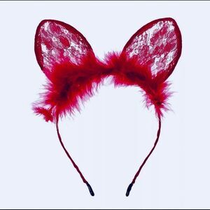 Dark Red Feather Lace Cat Ears Headband Hair Accessories NEW